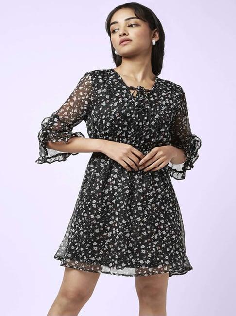 yu by pantaloons black floral print a-line dress