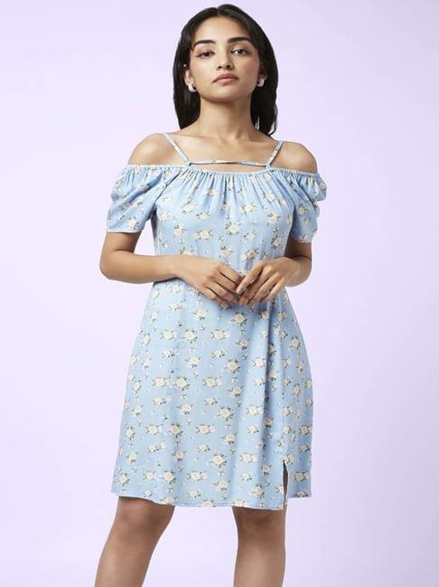 yu by pantaloons blue floral print a-line dress