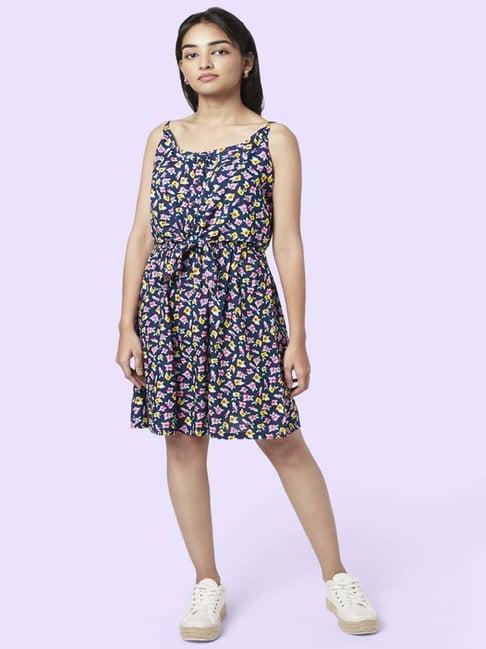 yu by pantaloons blue floral print a-line dress