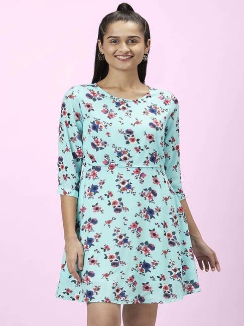 honey by pantaloons turquoise floral print a-line dress