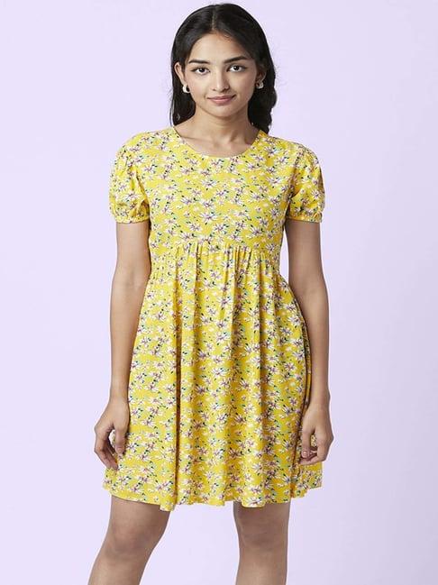 yu by pantaloons yellow floral print a-line dress