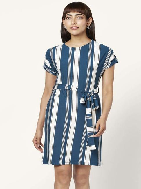 annabelle by pantaloons teal blue & white striped shift dress