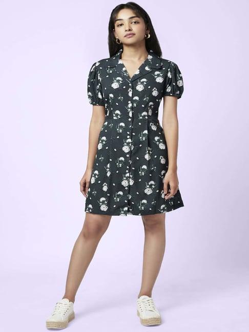 yu by pantaloons black floral print a-line dress