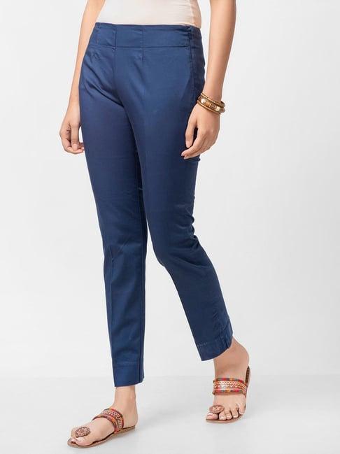 fabindia blue cotton mid rise pants