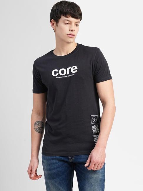 jack & jones jet black cotton slim fit printed t-shirt