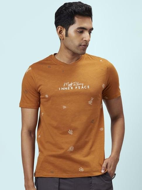 urban ranger by pantaloons tan cotton slim fit printed t-shirt