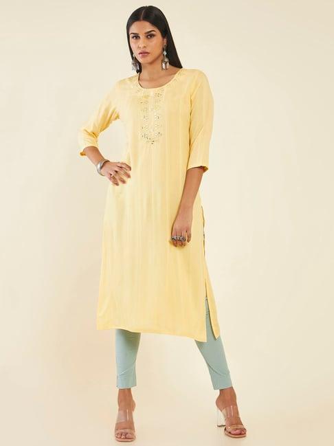 soch yellow rayon embroidered kurta