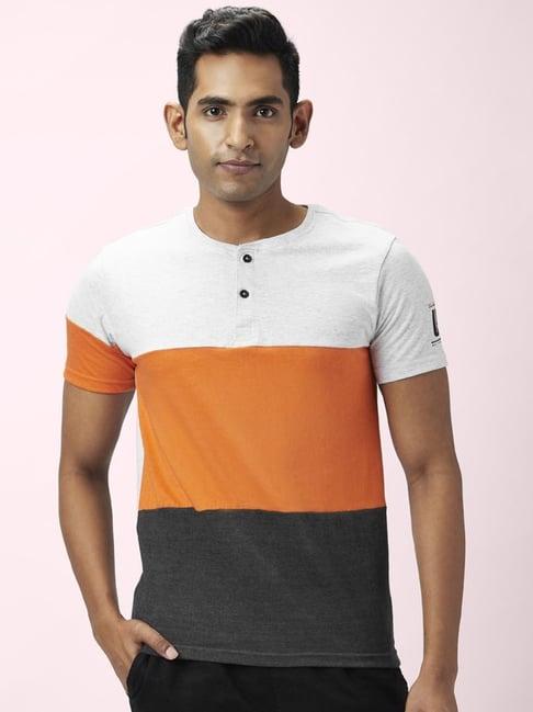 urban ranger by pantaloons orange cotton slim fit colour block t-shirt