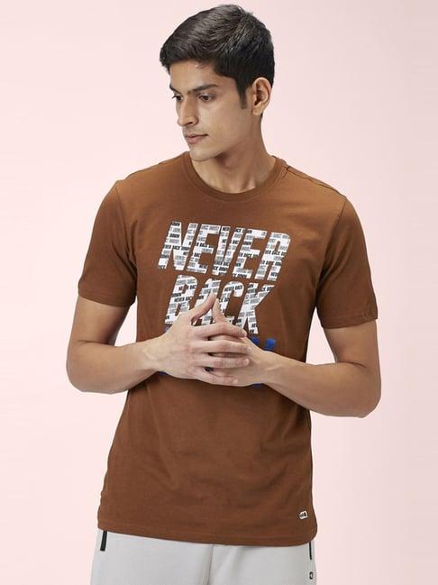 ajile by pantaloons tan cotton slim fit printed t-shirt