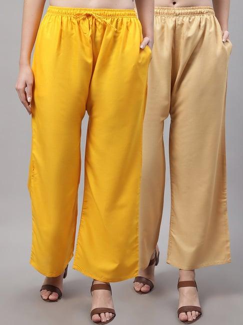 gracit yellow & beige rayon palazzos - pack of 2