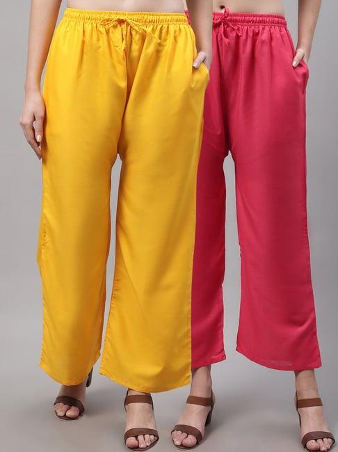 gracit yellow & pink rayon palazzos - pack of 2