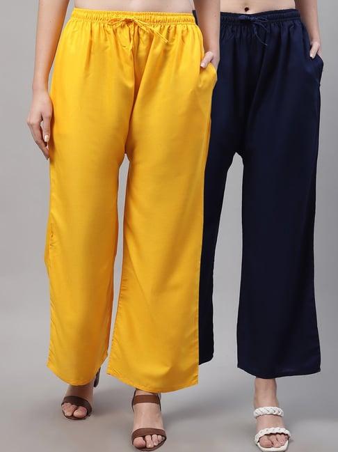 gracit yellow & navy rayon palazzos - pack of 2