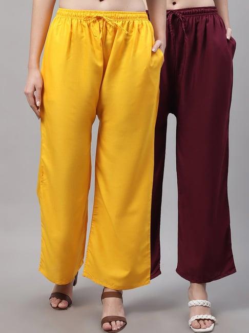 gracit yellow & wine rayon palazzos - pack of 2