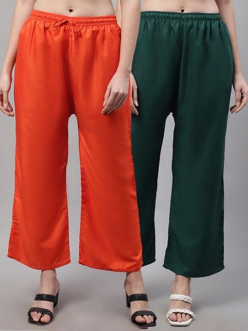 gracit orange & green rayon palazzos - pack of 2