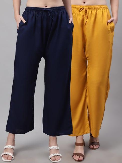 gracit navy & mustard rayon palazzos - pack of 2