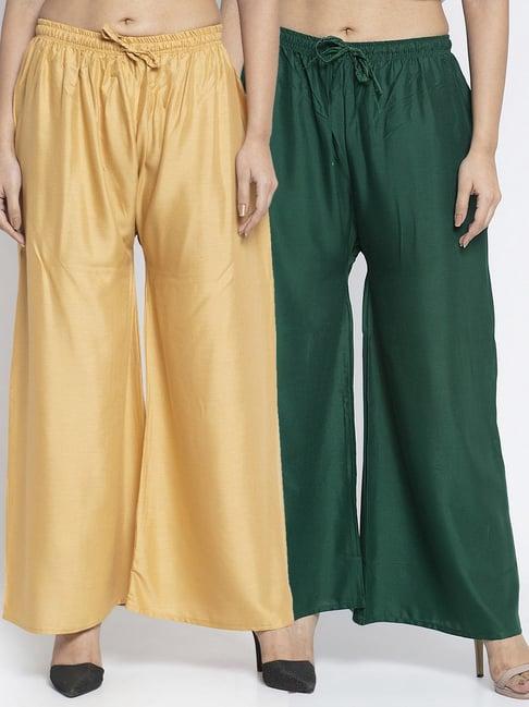 gracit beige & green rayon palazzos - pack of 2