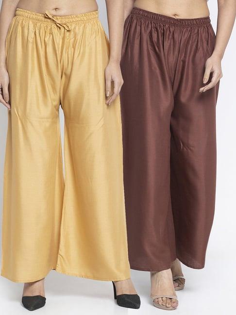 gracit beige & brown rayon palazzos - pack of 2