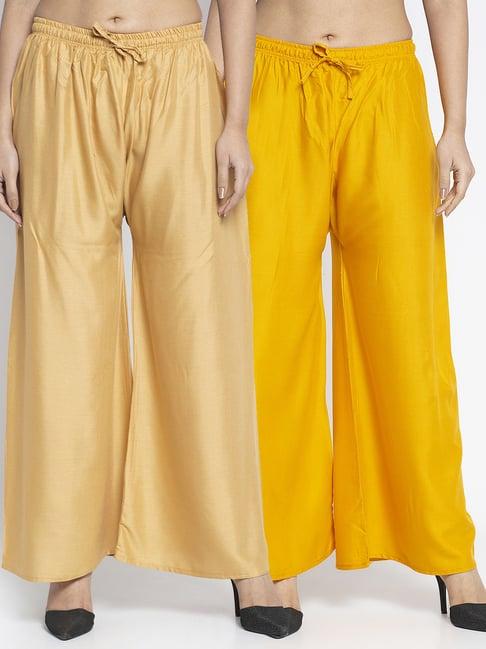 gracit beige & mustard rayon palazzos - pack of 2