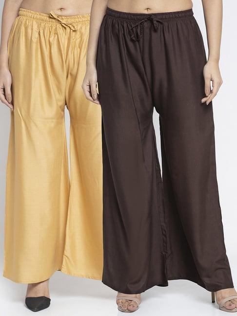 gracit beige & dark brown rayon palazzos - pack of 2