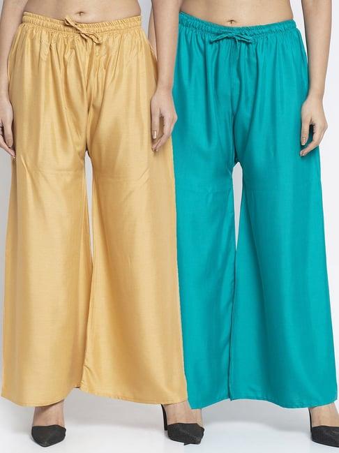 gracit beige & sea green rayon palazzos - pack of 2