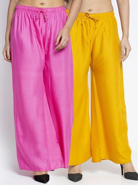 gracit pink & mustard rayon palazzos - pack of 2