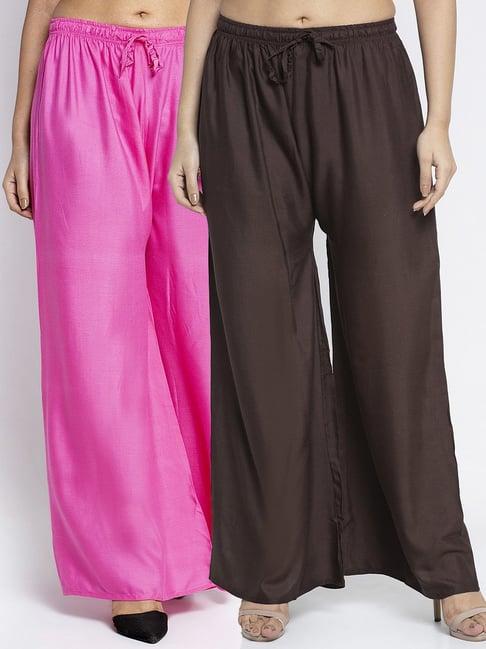 gracit pink & dark brown rayon palazzos - pack of 2