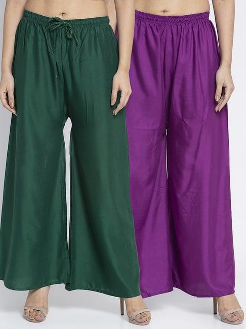 gracit green & purple rayon palazzos - pack of 2