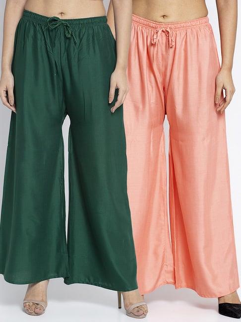 gracit green & peach rayon palazzos - pack of 2