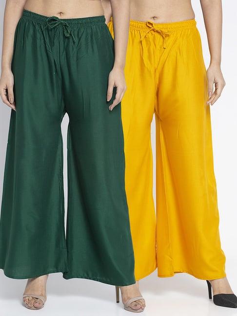 gracit green & mustard rayon palazzos - pack of 2