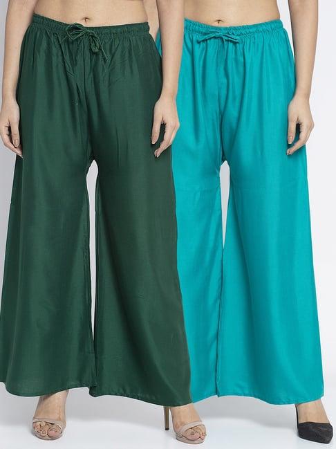 gracit green & turquiose rayon palazzos - pack of 2