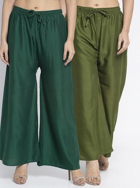 gracit green & olive rayon palazzos - pack of 2