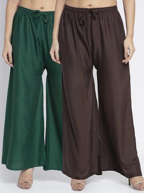 gracit green & dark brown rayon palazzos - pack of 2