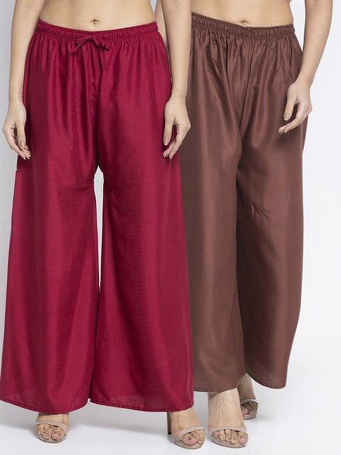 gracit maroon & brown rayon palazzos - pack of 2