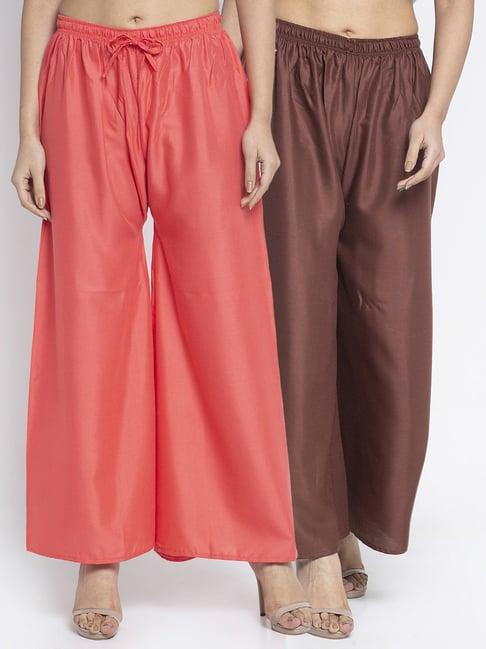 gracit coral & brown rayon palazzos - pack of 2