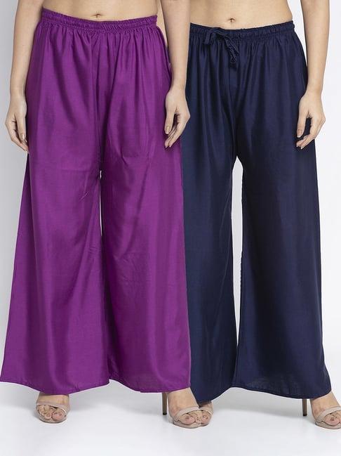 gracit purple & navy rayon palazzos - pack of 2