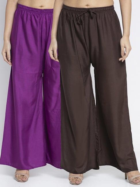 gracit purple & dark brown rayon palazzos - pack of 2