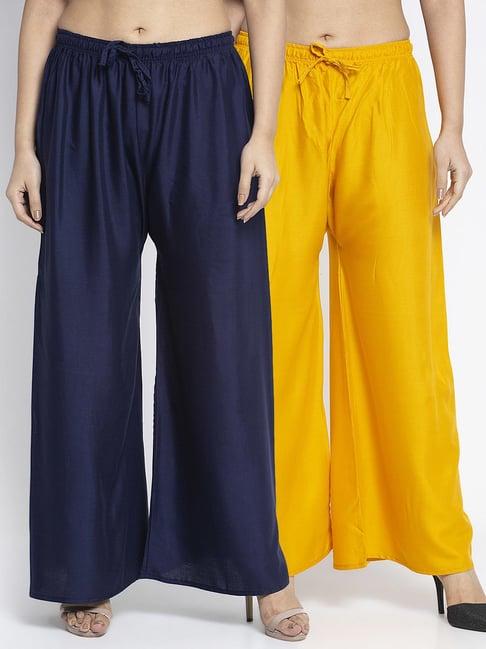 gracit navy & mustard rayon palazzos - pack of 2