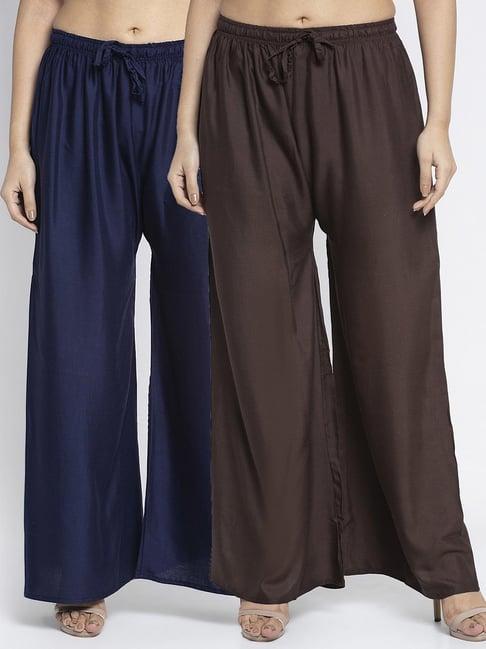 gracit navy & dark brown rayon palazzos - pack of 2