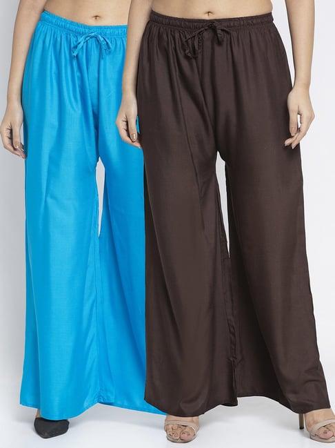 gracit turquiose & dark brown rayon palazzos - pack of 2