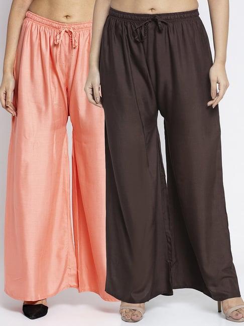 gracit peach & dark brown rayon palazzos - pack of 2