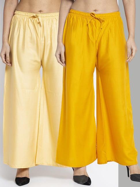 gracit mustard & beige rayon palazzos - pack of 2