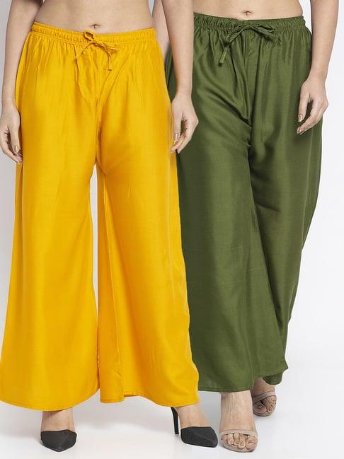 gracit mustard & green rayon palazzos - pack of 2