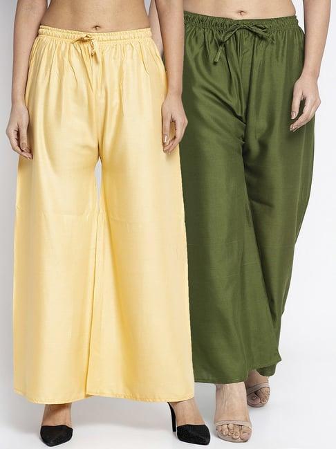 gracit beige & green rayon palazzos - pack of 2