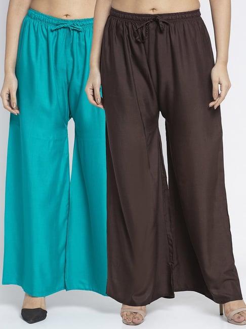 gracit sea green & dark brown rayon palazzos - pack of 2