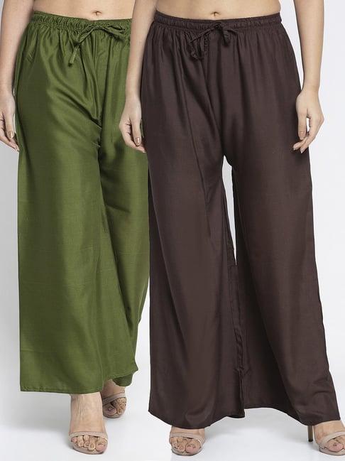 gracit green & dark brown rayon palazzos - pack of 2