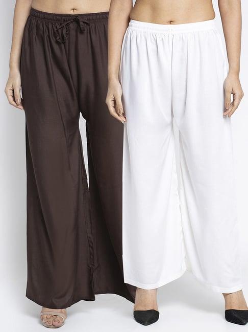 gracit white & dark brown rayon palazzos - pack of 2