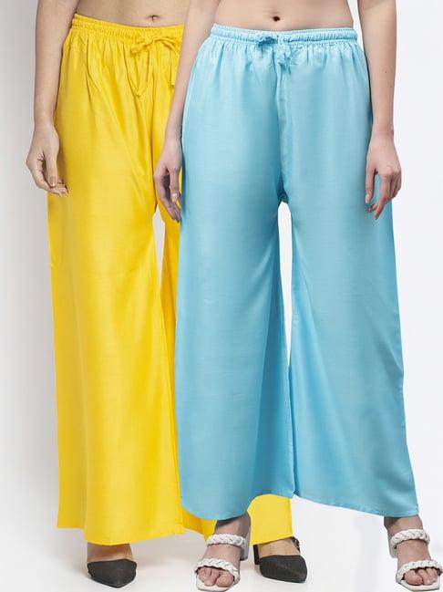 gracit yellow & turquoise rayon palazzos - pack of 2