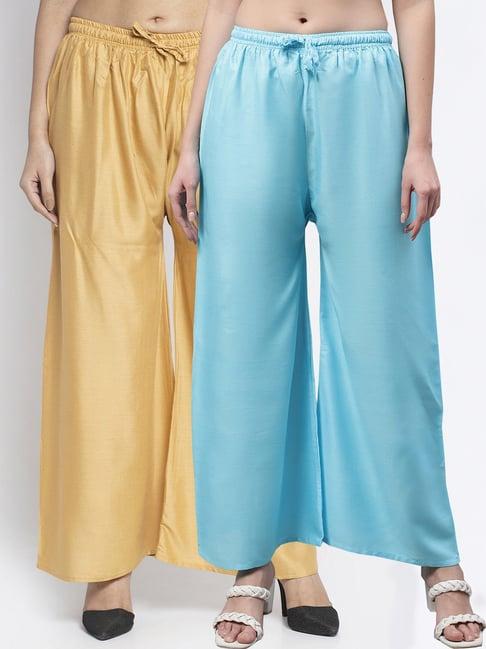 gracit beige & turquoise rayon palazzos - pack of 2