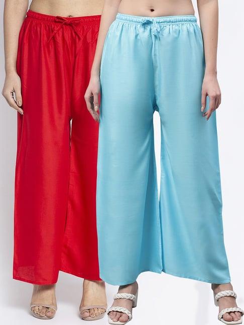 gracit red & turquoise rayon palazzos - pack of 2