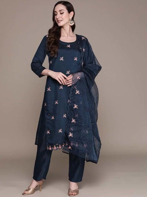 ishin navy embroidered kurta pant set with dupatta